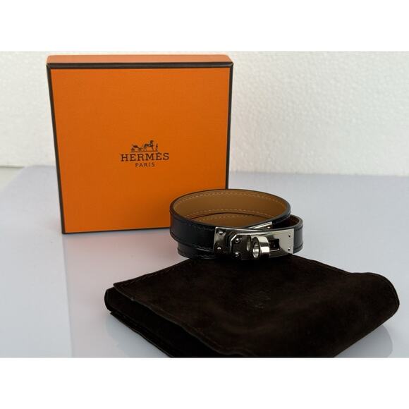 HERMES Kelly Double Tour Black Swift Silver Hardware Leather Bracelet Size 6 in - Picture 1 of 10